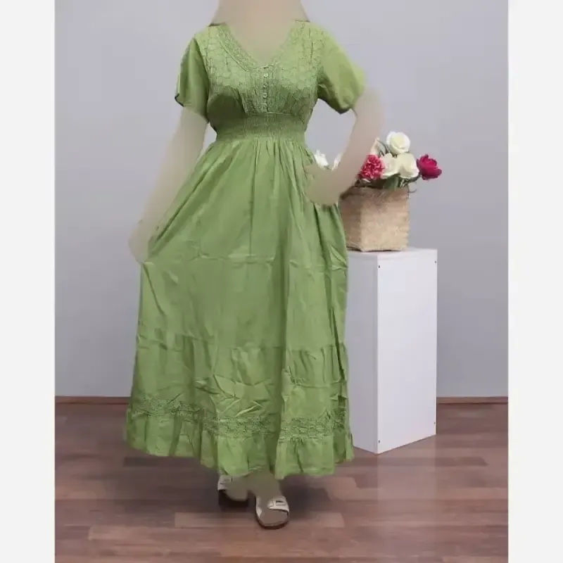 پیراهن سلن آستین کوتاه خامه دوزی وارداتی هندی فری سایز