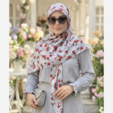 روسری نخ کاستوم طرح چیچک گل سرخ طوسی قواره بزرگ 140 سانتیمتر